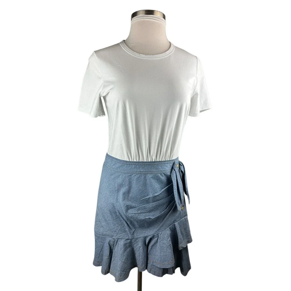 NWT Veronica Beard Chambray Bari T-Shirt Dress Tie Waist Ruffle Women's Large - Picture 2 of 15